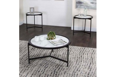 3PK Round Super White/Marble Glass/Black End Tables & Cocktail Table